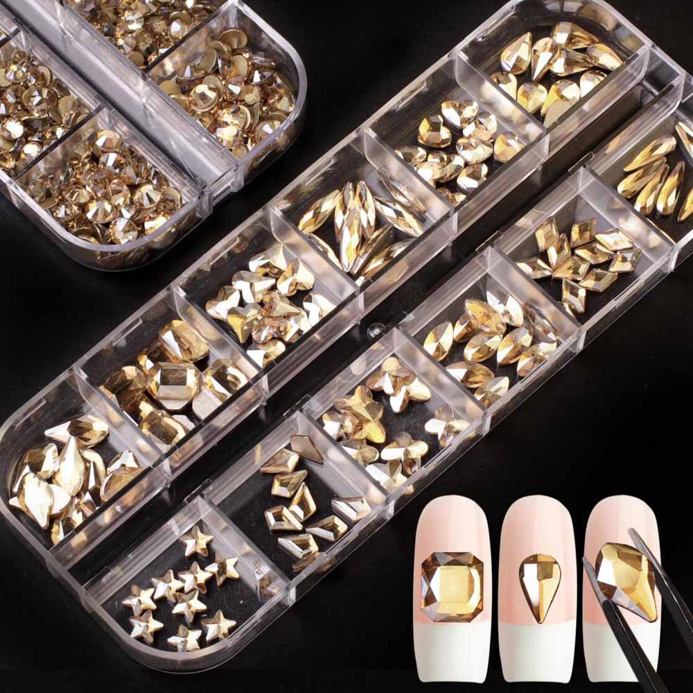 Nail Art Diamond Wholesale 2 Boxes Flats Bottom Special-Shaped Crystal Glass Diamond Champagne Gold Ab Color Bright White Fantasy Nail Art Rhinestone