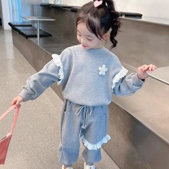 女宝童装长袖上衣休闲裤秋装中小童森系百搭拼色花边卫衣两件套超