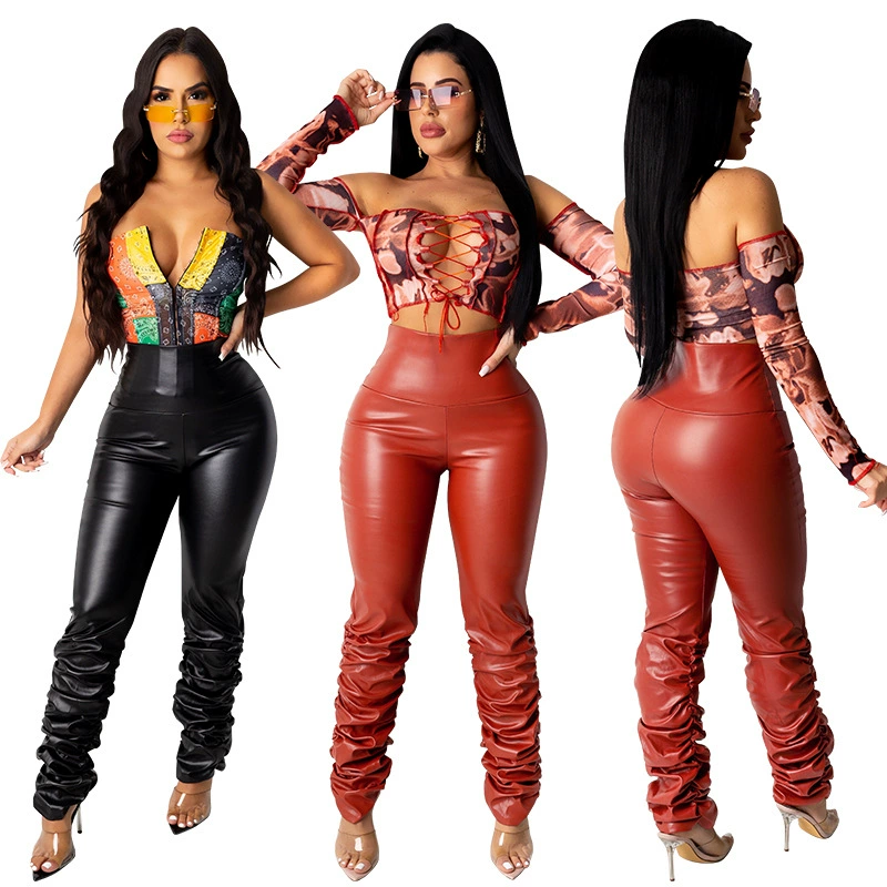 21833 трансграничные 2021 Осень Новая мода сексуальные эластичные узкие плиссированные брюки из искусственной кожи Amazon New