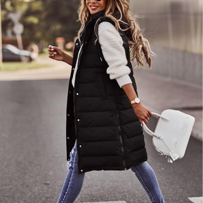 Europa y América nueva moda casual Chaqueta de algodón acolchado de color sólido con capucha chaleco Delgado elegante cardigan sin mangas abrigo de longitud media para las mujeres image 4