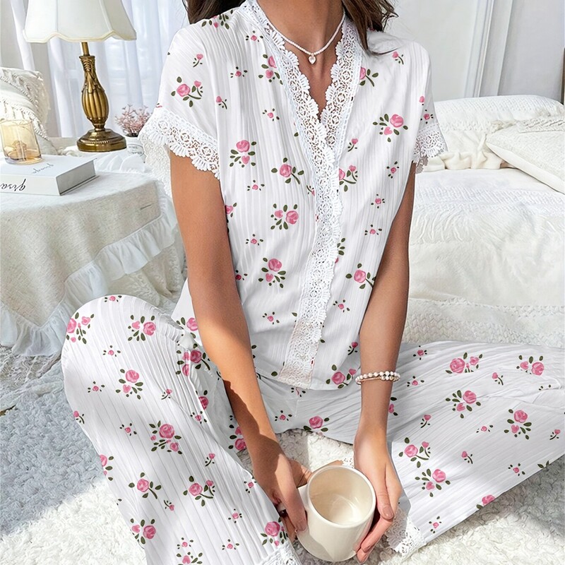 Cross-Border New European and American Style Women's Pajamas Sexy Collar Lace Cherry Print Shirt Slim Trousers Home Wear