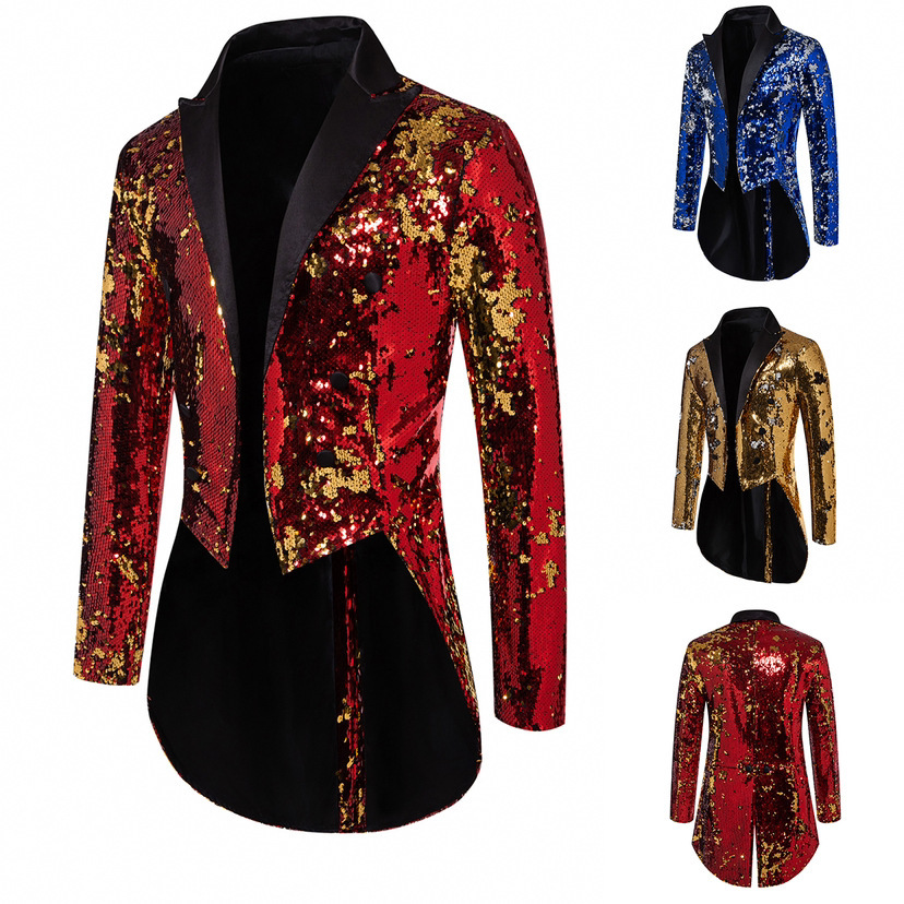 Men's Stylish Sequin Tuxedo Suit For Stage Performances & Formal Events - Slim Fit Tailcoat With Rhinestone Details (Gold, Burgundy, Blue)_voghion.com