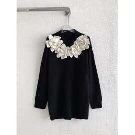 国王印象 秋冬新款圆领立体山茶花套头针织气质显瘦长袖连衣裙女