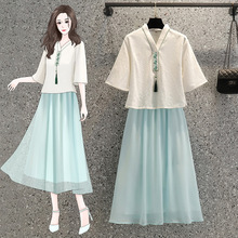 中國風漢服女裝古風唐裝棉麻上衣復古單件綉花流蘇中國風兩件套裙