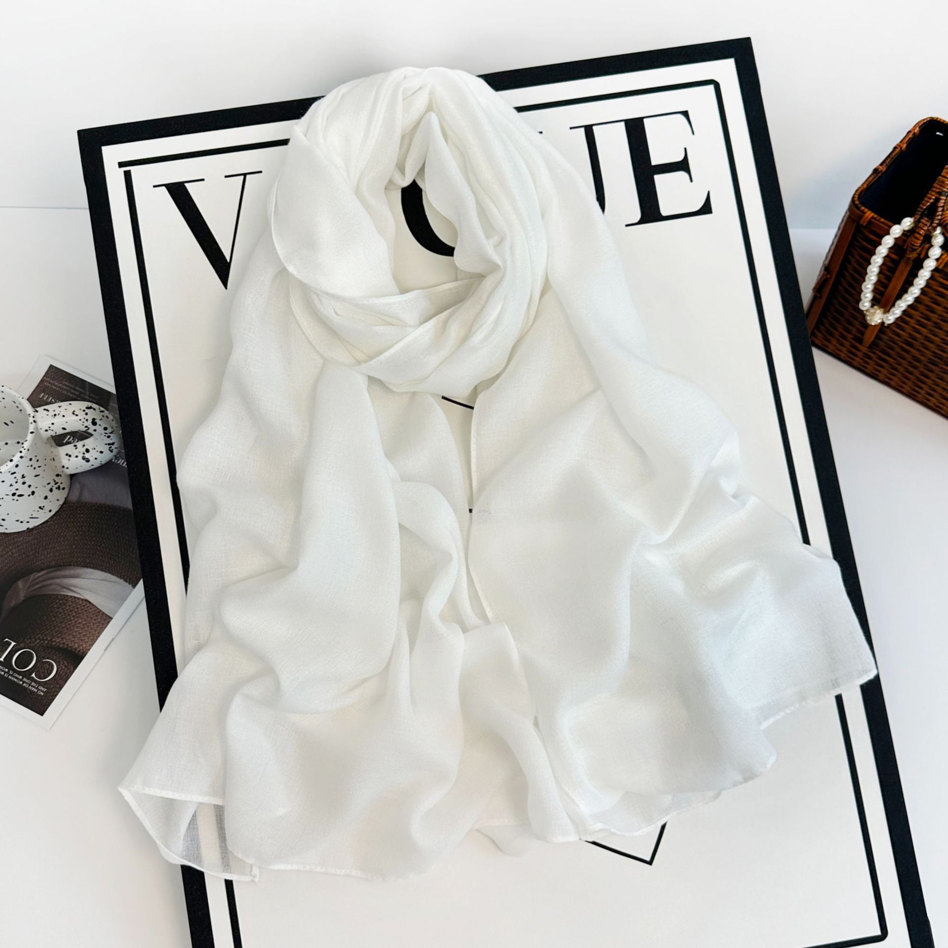 Sciarpa lunga da donna in cotone e canapa 2023 autunno/inverno tinta unita monocromatica multicolore_voghion.com