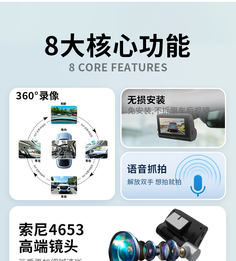 Y2026 New Model Dash Cam with 360-Degree Panoramic Monitoring of Front, Interior, Left, and Right of the Vehicle