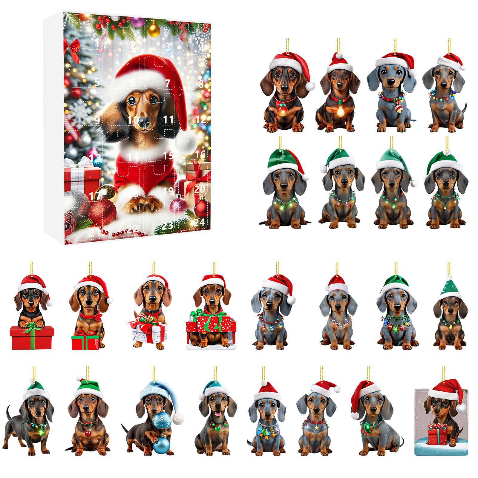 thumbnail image 1 of Calendario de Adviento de Navidad Calendario de cuenta regresiva de Navidad Caja sorpresa 24 piezas Colgante de perro salchicha de dibujos animados Decoración navideña para árbol de Navidad, 1 of 5
