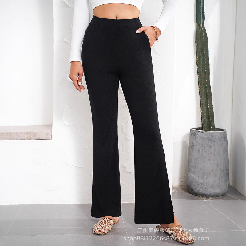 Amazon Spring and Summer European and American Women's Solid Color Elastic High-Waist Slimming Long Yoga Sports Flared Casual Pants