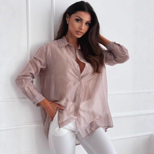 Spring New Amazon Cross-border Women's Fashion European and American Sexy Pure Color Heat Transfer Rhinestone See-through Single Button Long-sleeved Shirt 