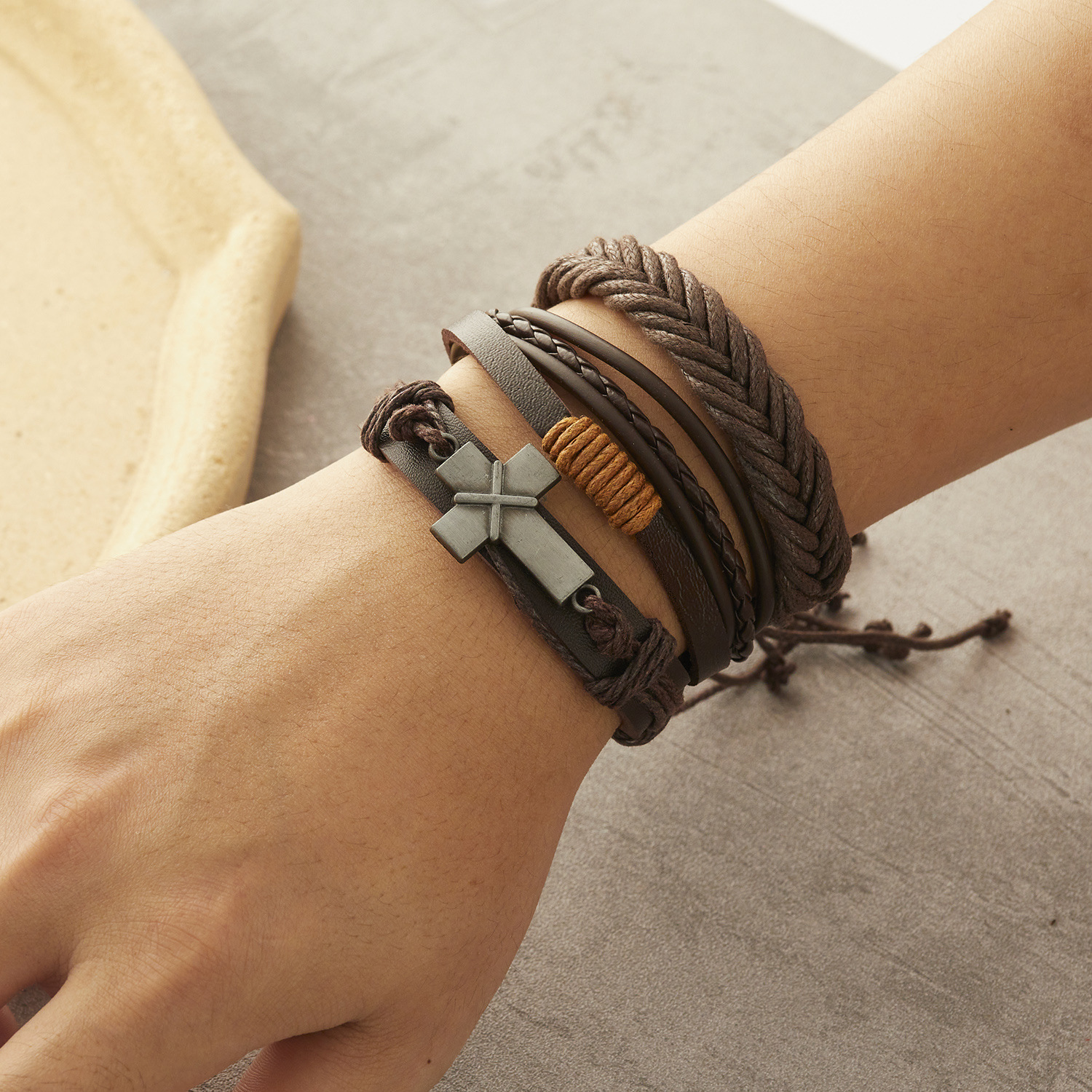 Fashion Cross Heart Shape Pu Leather Knitting Menu0027S Bracelets 1 Set