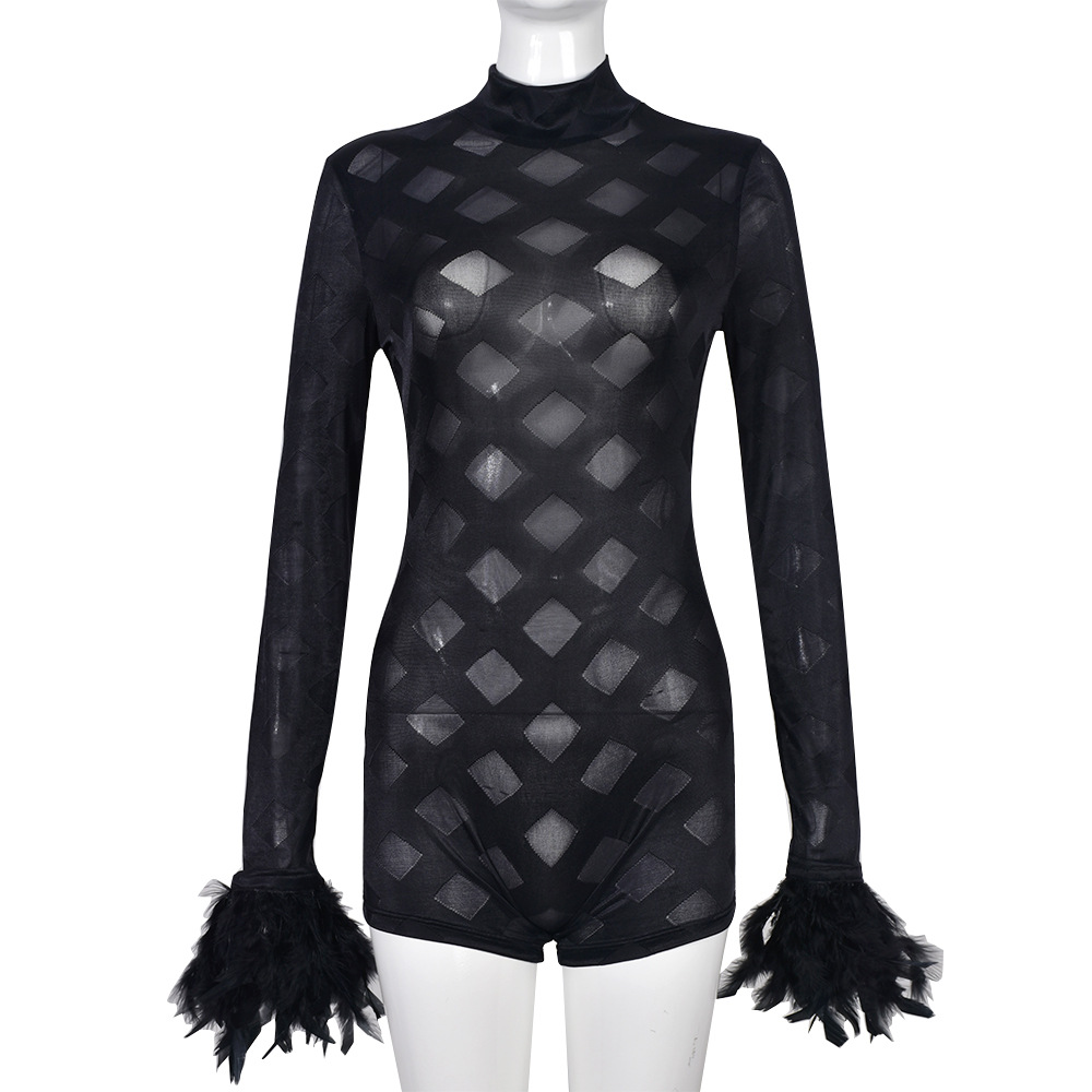 Mono largo de manga larga con borlas de plumas transparentes, sexy, novedad de primavera 2025, venta al por mayor de ropa europea y americana para Amazon transfronterizo