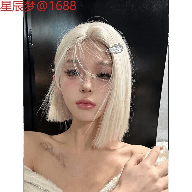 女性用ウィッグ、プラチナショートヘア、小さなレース、ワンサイズ、ヨーロッパとアメリカのホットガール、クールでスポーティな模擬気質ウィッグ|undefined