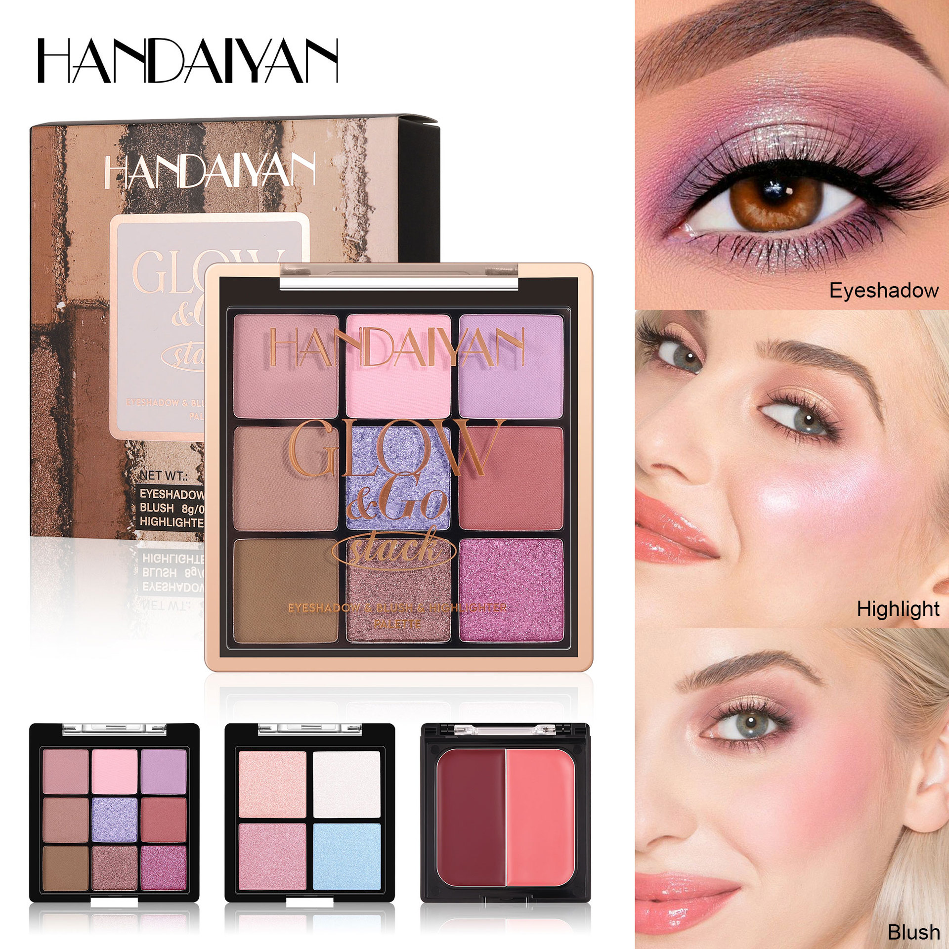 Blush de sombra de ojos transfronterizos 3 - en - 1 HANDAIYAN blush de alto brillo de tres capas de blush de alto brillo
