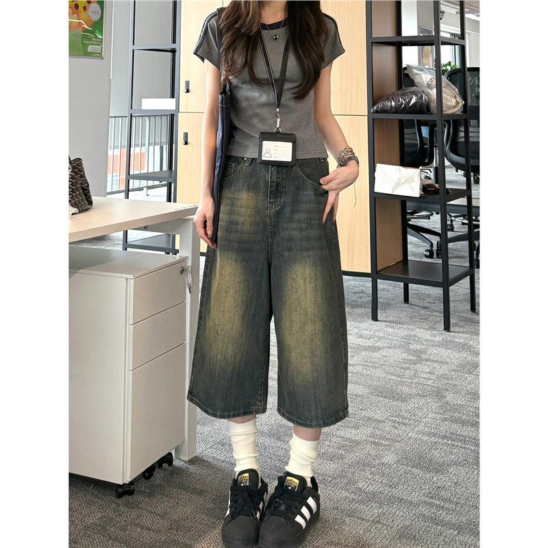 American Retro Wide-Leg Denim Cropped Pants for Women, Summer Plus-Size Loose Fit, Flattering for Pear-Shaped Body, Straight-Leg Pants