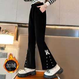 女童裤子秋季2025新款秋冬外穿加绒时髦喇叭裤阔腿春秋黑裤