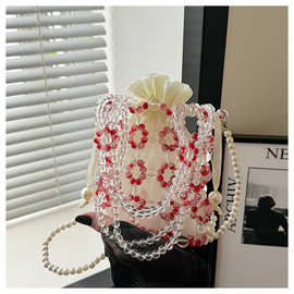 渐变梦幻冰裂镂空珍珠包女2024新款小众设计编织手提包手工单肩包