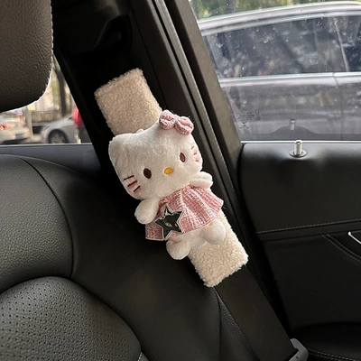 Seat belt shoulder pad Heart Kitty Cute Ornaments Car - pink-star-cat-1-lamb-velvet-shoulder-pads
