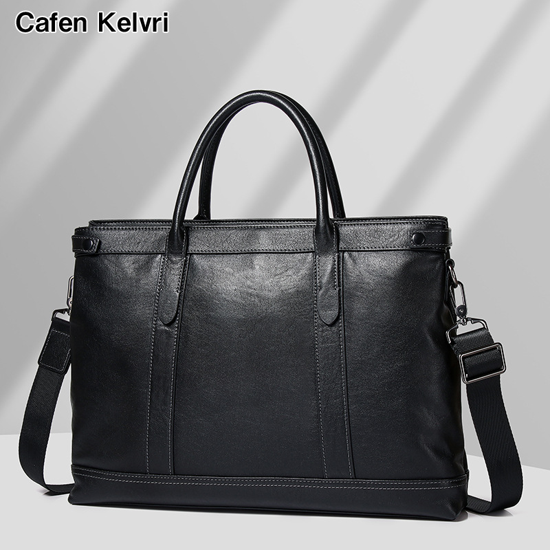 Briefcase for Men, Business Casual, Large Capacity, Commuter Computer Bag, Handbag, First-Layer Cowhide Leather