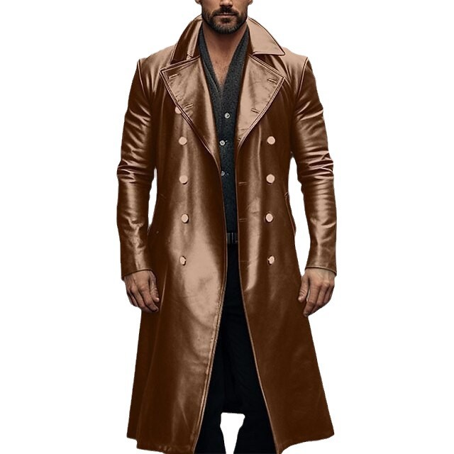 Autumn and winter new plus size long windbreaker double breasted jacket British style men's leather coat_voghion.com