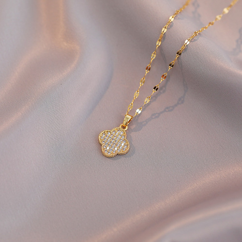 Necklace female Internet celebrity temperament four-leaf flower full diamond earrings light luxury niche design advanced simple set titanium steel necklace