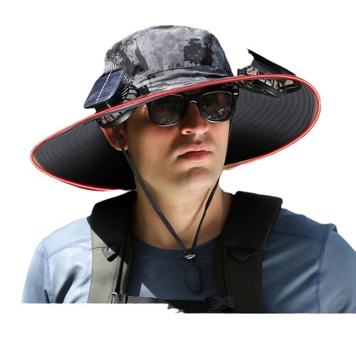 Solar-powered fan with built-in rechargeable battery, large wind capacity, steel brim, non-slumping edge, wide brim sun hat for men, summer use.