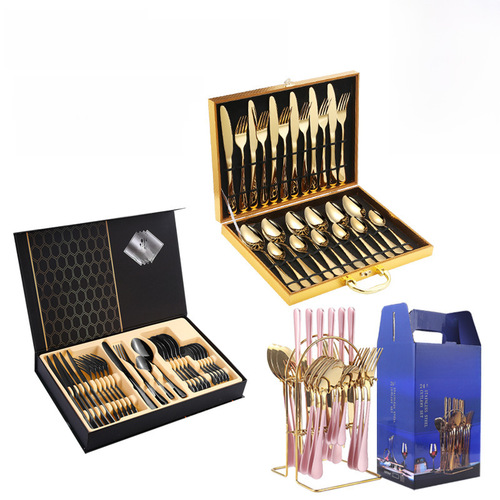 Cross-border Amazon stainless steel tableware set for Western cuisine, 24-piece gift box, gold knife, fork, and spoon set