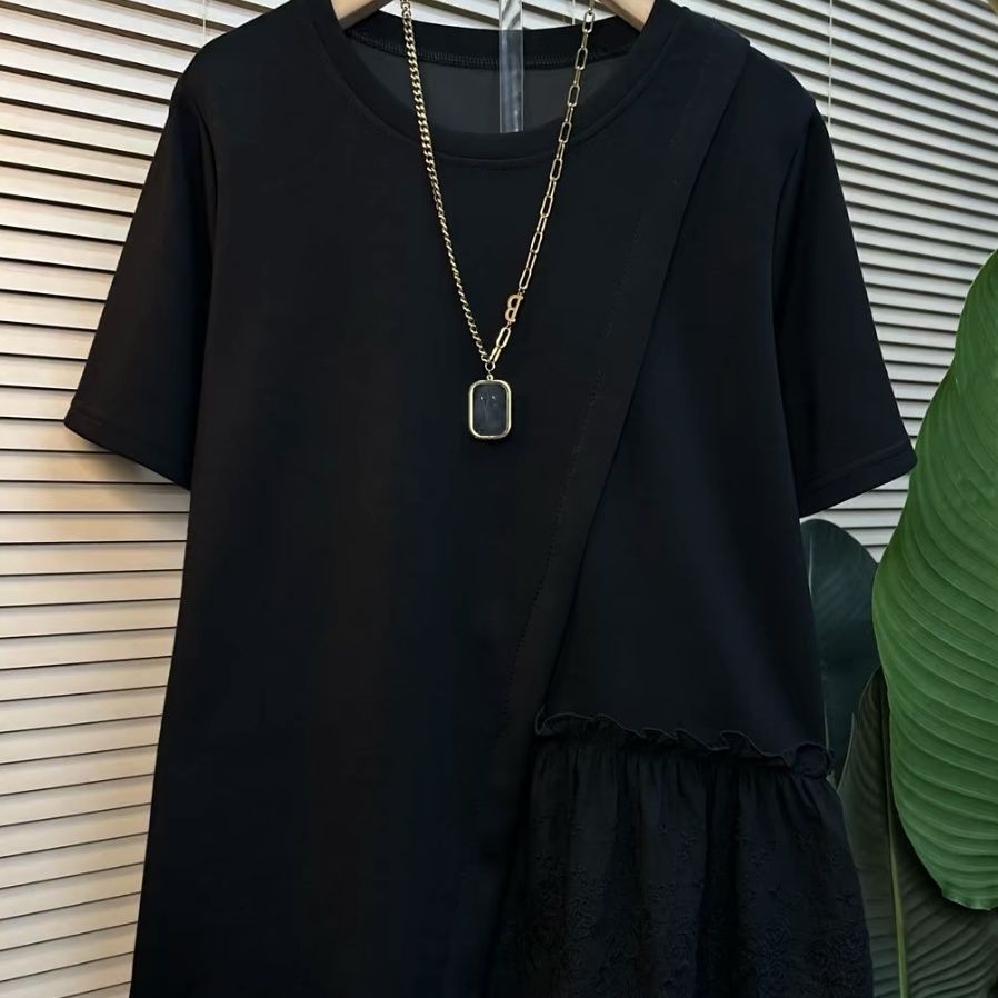 Gran tamaño gordo mm encaje cosido camiseta de manga corta mujer irregular verano 2025 nuevo suelto delgado blusa de cobertura image 7