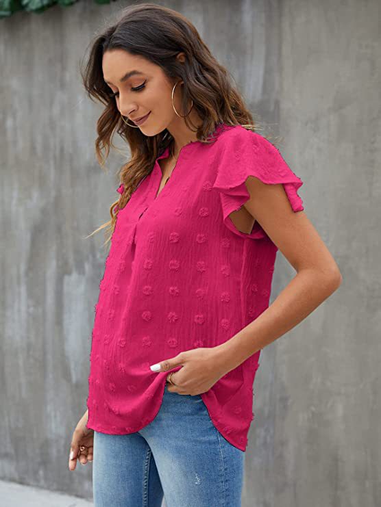 Cross-border European And American Women's Clothing 2026 Summer New V-neck Ruched Ruffle Sleeve Pom-pom Chiffon_voghion.com