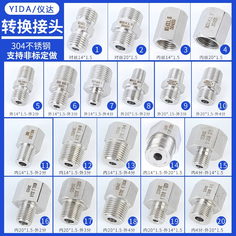 Внутренний и внешний провод адаптера манометра из нержавеющей стали 304 дюйм 2/3/4 заполнение сердечника под резьбой M14-20 метрическая система