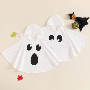 Halloween Kidsren's Hooded Cloak Autumn Baby Ghost Print Holiday Party Matching Clothing Outing Windproof Clothing