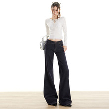 【AA】复古防掉色辣妹低腰裤丹宁蓝不规则设计感不贴腿微喇叭牛仔