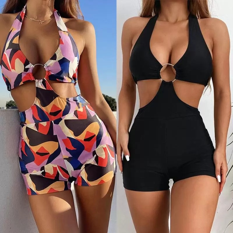 New Halter Neck Sexy Bikini Solid Color Printed Metal Ring Hollow Swimsuitpicture18