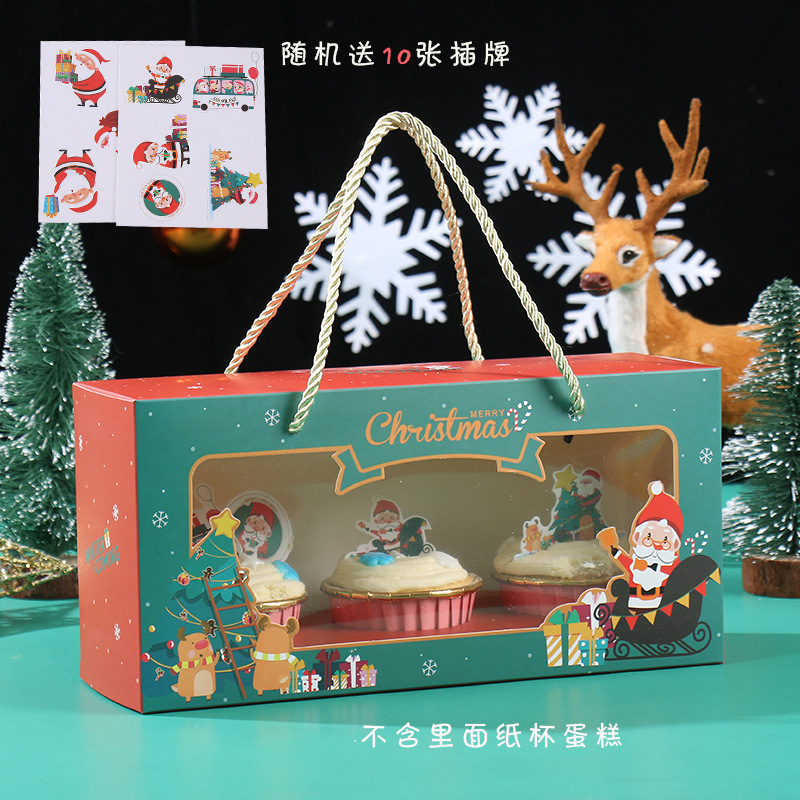 Navidad 3 piezas de cuerda taza de papel caja de pastel ventana transparente Muffin Box Navidad Apple embalaje Embalaje para hornear