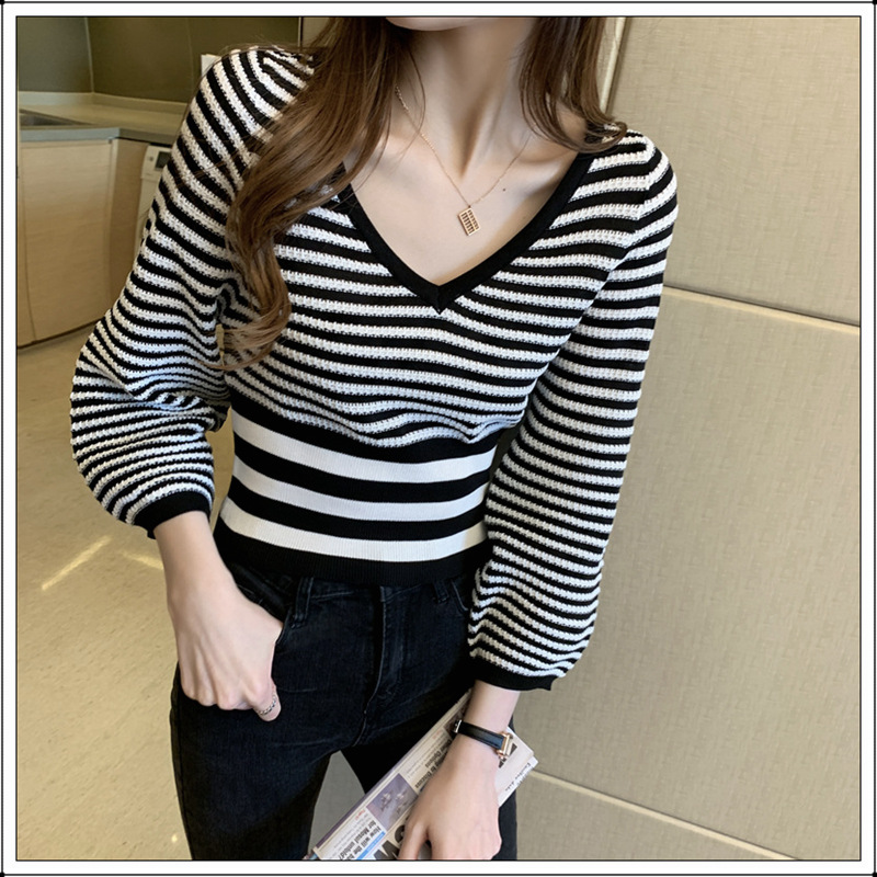 Nuevas prendas de punto para mujer nuevo suéter de estilo chino que toca fondo jersey de rayas horizontales estilo hermana real superior otoño e invierno mujer de gama alta image 4