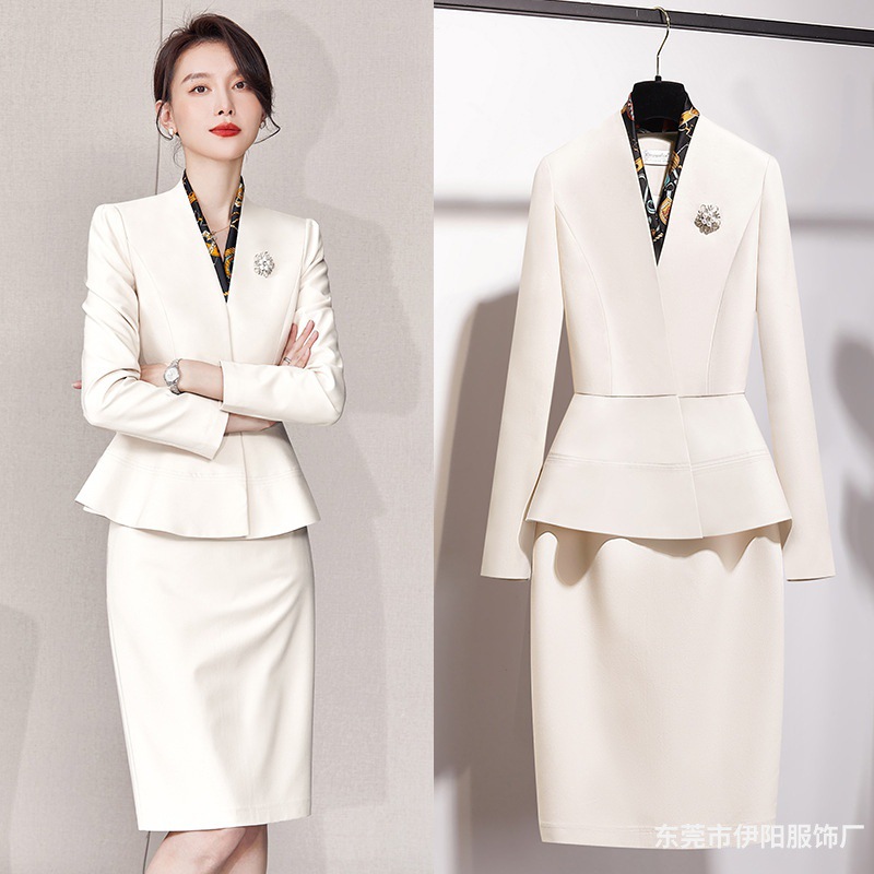 高端职业女裙套装米白色西装外套西服时尚商务正装女美容师工作服