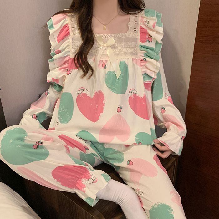 Al por mayor transfronterizo de otoño de mangas largas de encaje cuello cuadrado pijama de mujer dulce cómodo simple cubierta de ropa de algodón para el hogar