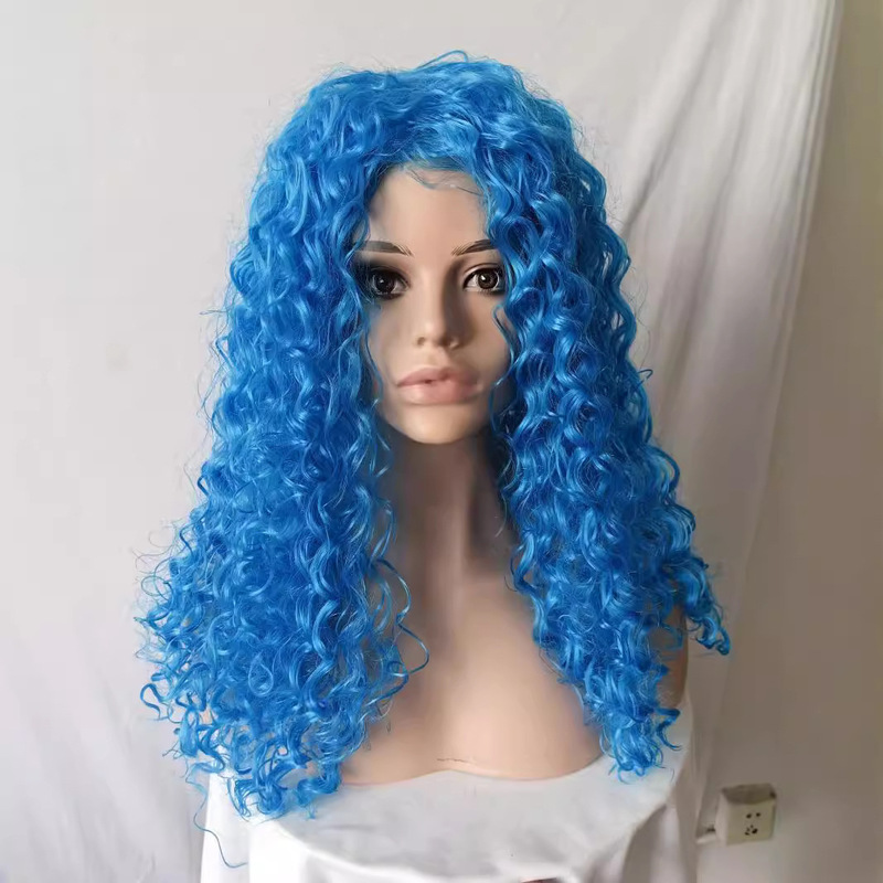 European and American Cross-Border Anime Wig Blue Tube Small Curly Cosplay Wig Descendants 4Chloe Medium-Length Curly Headgear