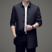 时尚韩版中长款风衣外套2024春新款时尚商务休闲男装翻领夹克上衣