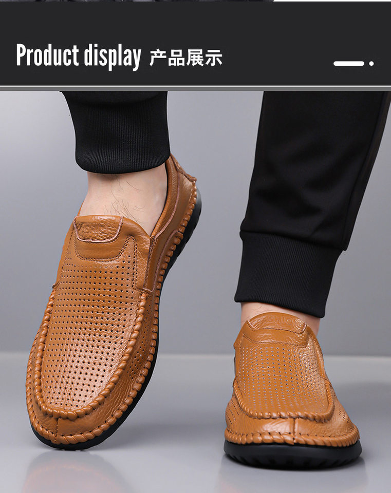 Dép sandal nam da bò thật thoáng khí lỗ rỗng, dép lê mùa hè gót thấp 1-3 cm — nâu, đen chi tiết 15