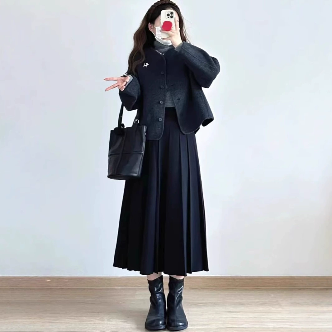 Большой размер костюм Юбка Женский толстый мм Осенняя плиссированная юбка с высокой талией тонкая юбка А-образное платье