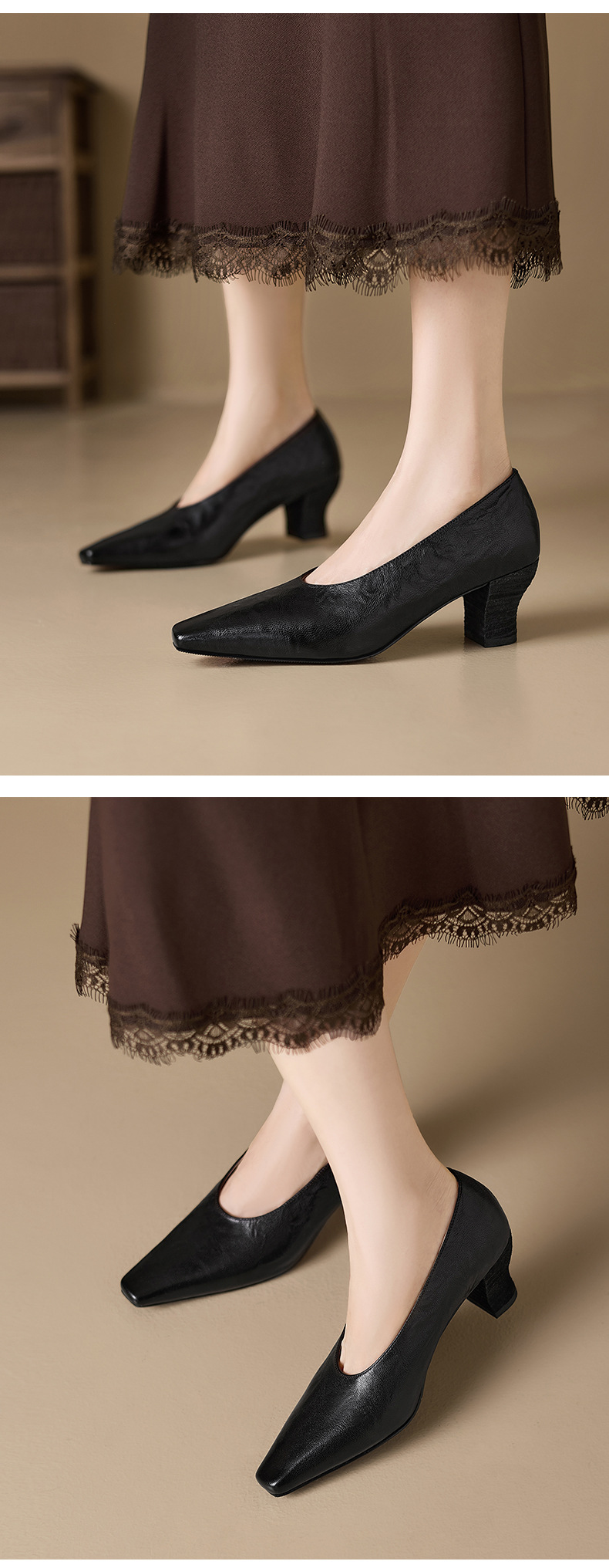 Giày cao gót nữ mũi vuông gót dày 5.5 cm, phong cách công sở đơn giản — đen chi tiết 5