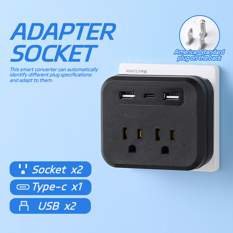Cross-Border Supply of American Standard 110V Converter Socket Usb+Type-C Fast Charging Row Socket Socket Expansion Black