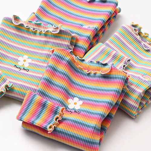 Girls' Spring and Autumn Outfit New Rainbow Striped Baby Long Sleeve T-Shirt Children's Autumn and Winter Outfit Fleece Top Trendy