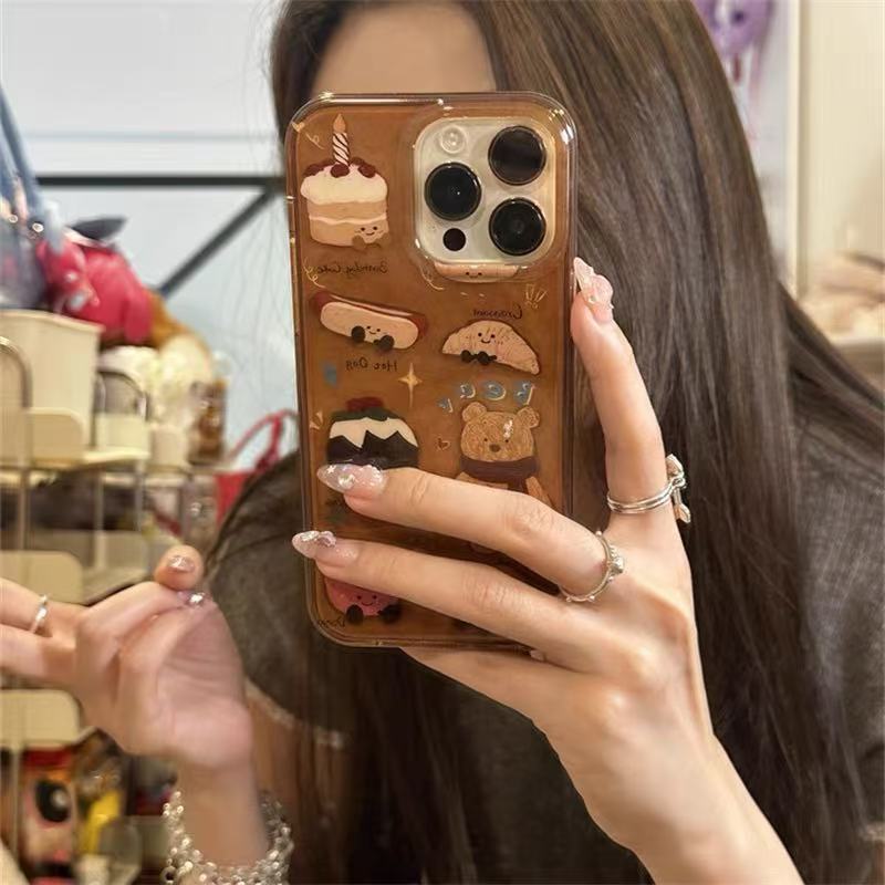 Dibujos animados lindo donut oso para iPhone16promax Apple 15 funda para teléfono móvil 14 nuevo 13 doble cara