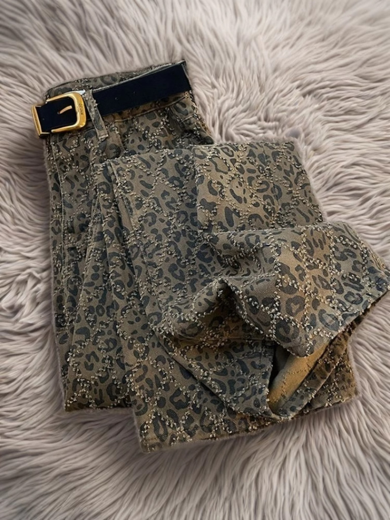 Dames jeans hoge taille luipaardprint rechte denim broek stretch_voghion.com