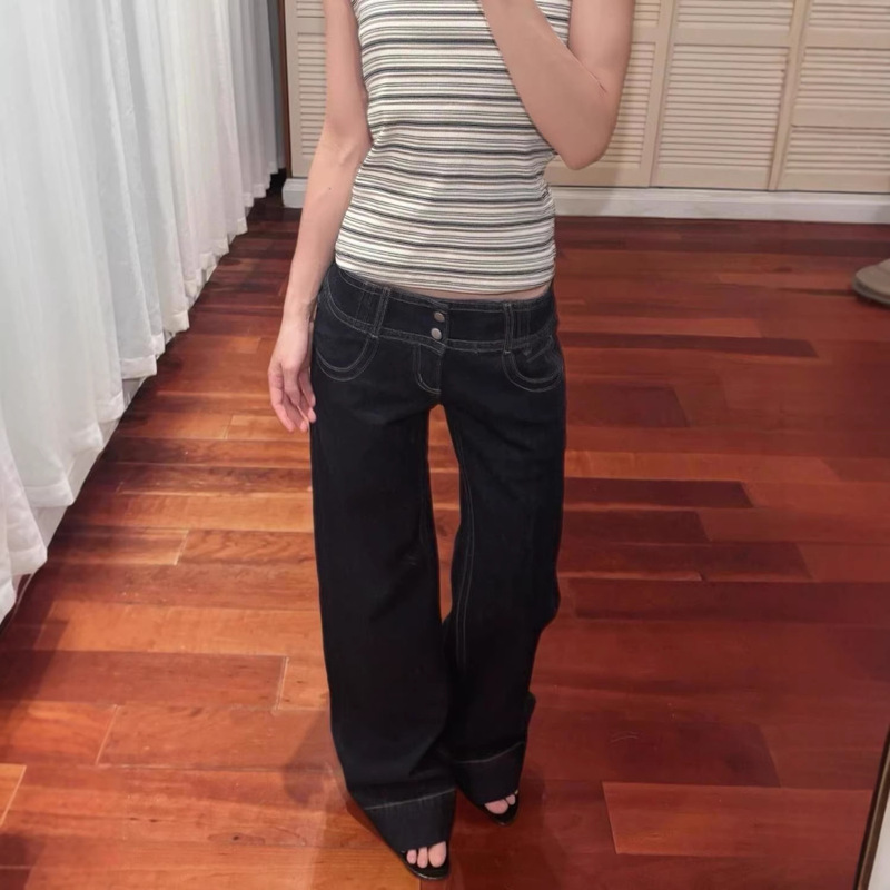 【Han Niu】American-Style Spicy Girl Low-Waist Slightly Flared Loose-Fitting Vintage Washed Button-Front Design Flared Jeans for Women 【Han Niu】American-Style Spicy Girl Low-Waist Slightly Flared Loose-Fitting Vintage Washed Button-Front Design Flared Jeans for Women
