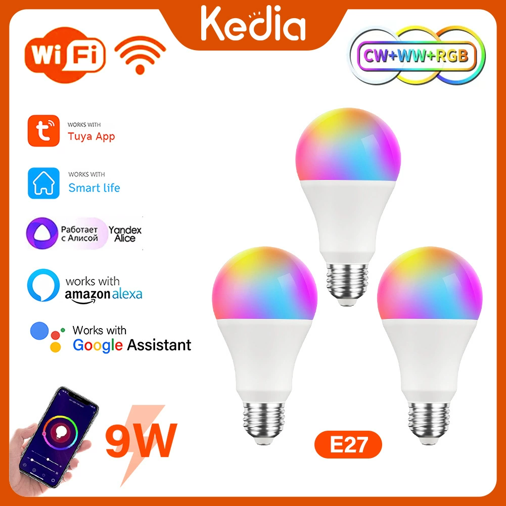 Умная лампа Kedia Tuya (E27) 9 Вт RGBCW, Wi‑Fi + голосовое управление (Alexa/Google/Alice), регулируемая 2700–6500K