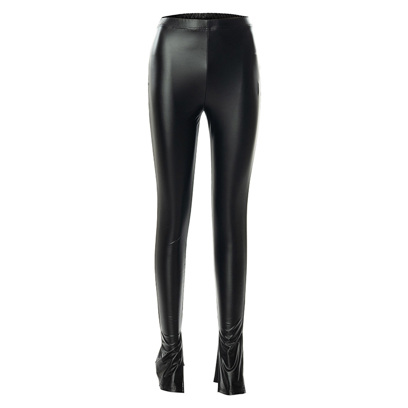 Tight High Waist Slit Elastic Solid Color Leather Pants NSMX113077