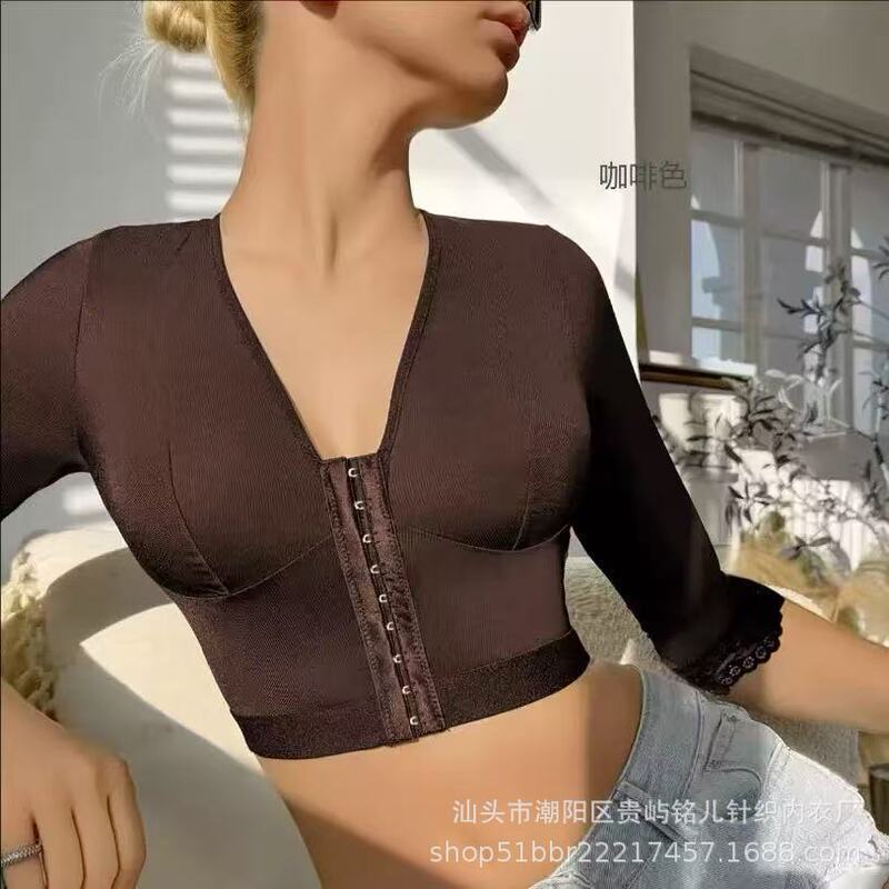 Cross-border European and American V-neck front buckle top adjustable body-shaping tight yoga sports outer wear lace seven-point sleeve Cross-border European and American V-neck front buckle top adjustable body-shaping tight yoga sports outer wear lace seven-point sleeve