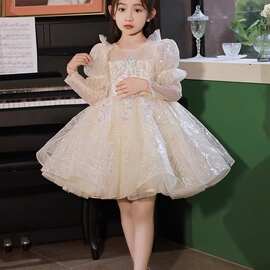 花童婚礼小女孩公主裙儿童高端礼服女童生日主持人钢琴演出服长袖